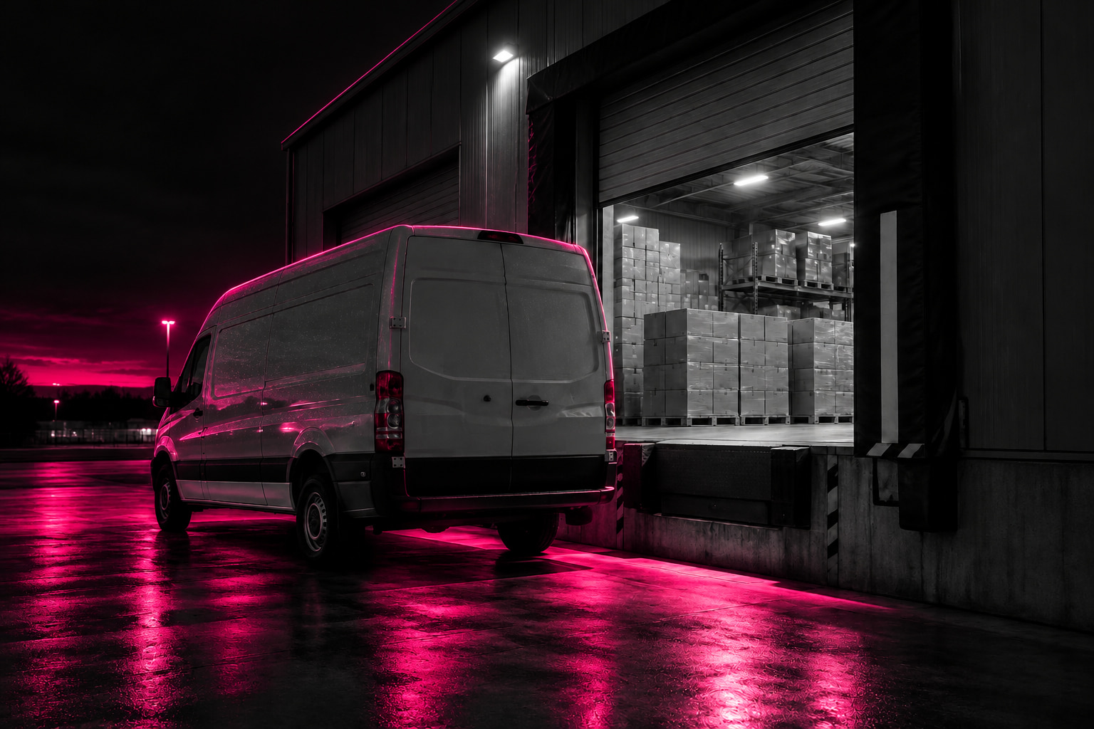 A cargo van backed up to a lit warehouse loading dock at night