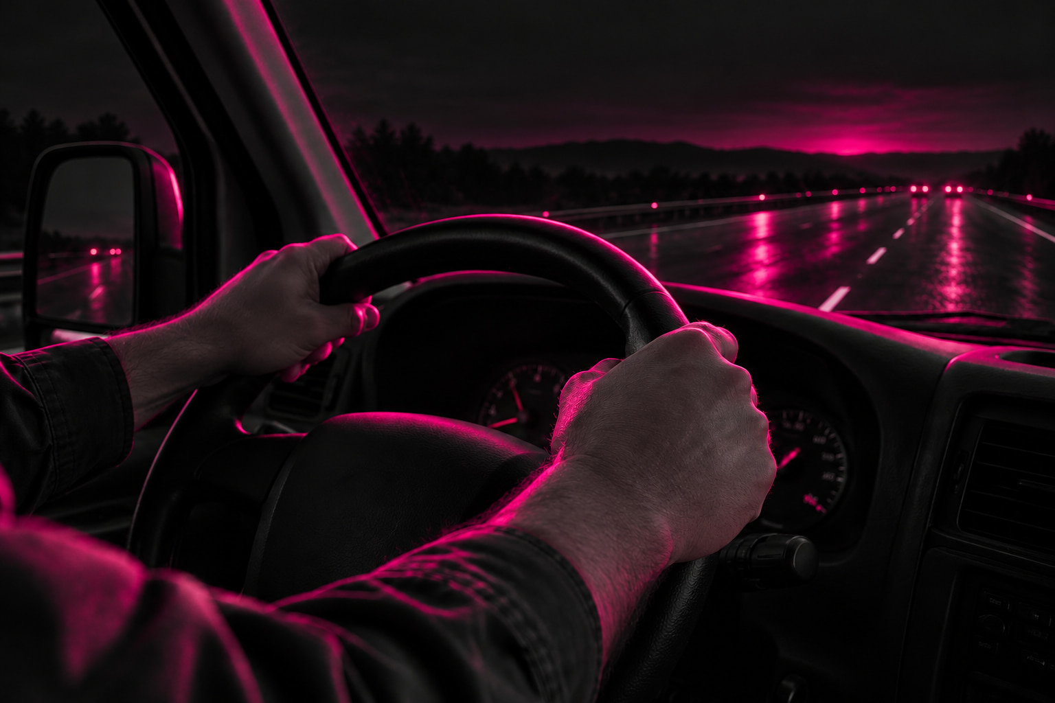 A driver's hands on the steering wheel with a night interstate ahead