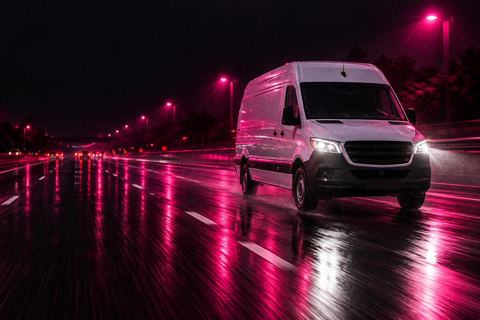 A white high-roof cargo van running a wet interstate at night under magenta light